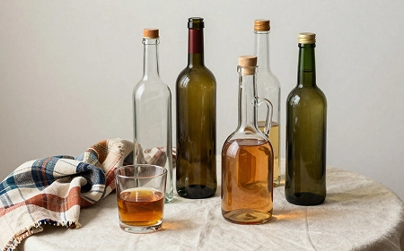 Различные бутылки с алкоголем и стакан на столе с клетчатой тканью